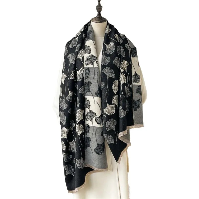 Black Reversible Faux-Cashmere Ginkgo Leaf Scarf