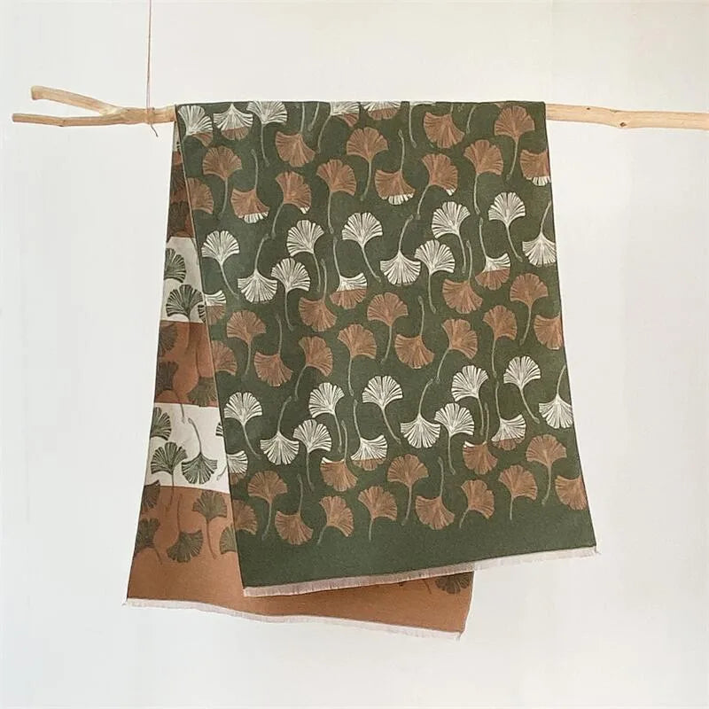 Reversible Faux-Cashmere Ginkgo Leaf Scarf in Green