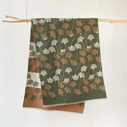 Reversible Faux-Cashmere Ginkgo Leaf Scarf in Green